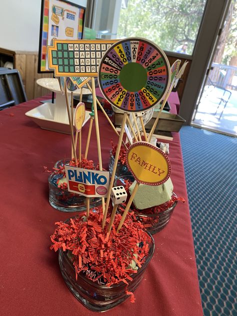 Price Is Right Centerpiece, The Price Is Right Party Decorations, Game Show Party Decorations, Price Is Right Party Decorations, Game Show Decorations, Game Show Party, Game Centerpieces, Game Night Table, Purse Bingo