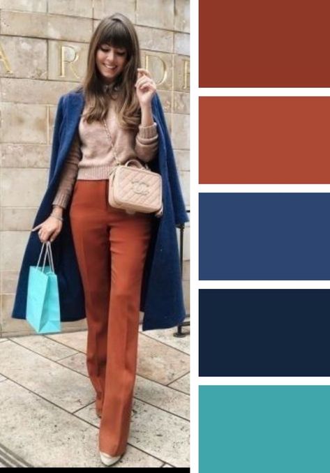 Contrast Colour Outfits, Rust Orange Outfits Color Combos, Colors To Wear In Winter, Copper Colored Pants Outfit, Blue Pants Outfit Fall, Purple And Orange Outfit Ideas, Rust Colored Outfits, Gray And Orange Outfit, Rust Orange Pants Outfit