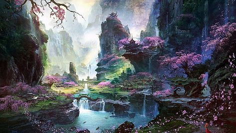 cherry blossoms tree near waterfall wallpaper, woodland stream illustration HD wallpaper Waterfall Wallpaper, Island Wallpaper, Arte Peculiar, Background Images Wallpapers, Fantasy Places, Fantasy Art Landscapes, Blossom Trees, 판타지 아트, Art Clipart