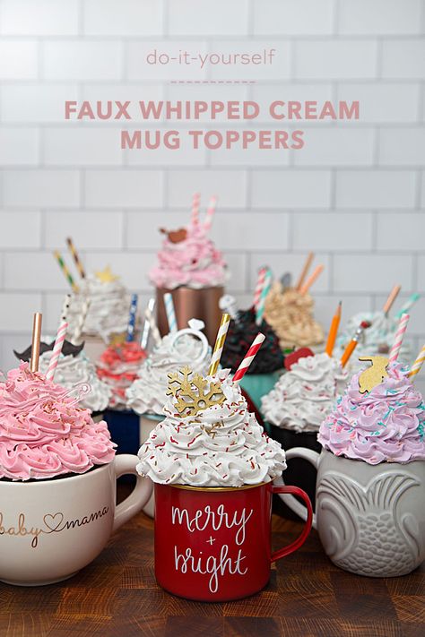 How To Make Faux Whipped Cream Mug Toppers - Something Turquoise How To Make Faux Drinks, Whipped Cream Toppers For Mugs, Faux Hot Chocolate Prop Diy, Fake Muffins Diy, Fake Hot Cocoa Mug Diy, Faux Whipped Cream Diy, How To Make Fake Whipped Cream, Faux Ice Cream Diy, Diy Fake Hot Cocoa Mugs