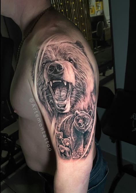 Bear Family Tattoo, Papa Bear Tattoo, Baby Bear Tattoo, Mountain Tattoos, Bear Tattoos, Inspiration Tattoo, Bear Tattoo, Sleeve Ideas, Mountain Tattoo