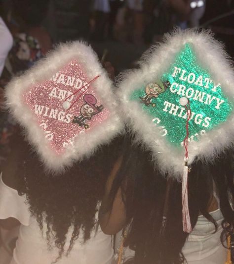 absolutely love these fairly oddparents themed grad caps perfect for friends, twins, or anyone else! ★·.·´¯`·.·★ follow @motivation2study for daily inspiration Funny Graduation Cap Decoration, Funny Graduation Caps, Creative Graduation Caps, College Grad Cap Ideas, Graduation Cap Decoration Diy, High School Graduation Cap, Fairly Oddparents, College Graduation Cap Decoration, Grad Hat