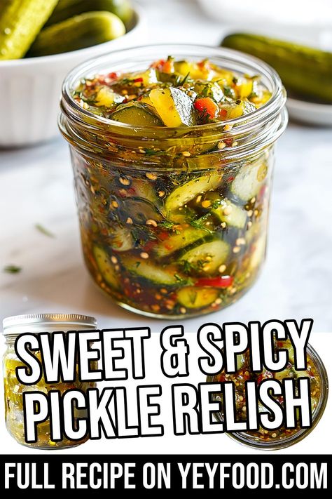 Sweet & Spicy Pickle Relish - Yeyfood.com: Recipes, cooking tips, and kitchen hacks for home cooks of all levels Sweet And Spicy Relish, Spicy Cucumber Relish Recipes Canning, Spicy Relish Canning, Millionaire Relish, Sweet And Spicy Pickle Relish, Sweet And Spicy Canned Pickles, How To Make Spicy Pickles, Sweet Horseradish Pickles Recipes, Famous Dave’s Sweet And Spicy Pickles Recipe