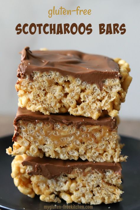 Gluten-free Scotcharoos Bars. Easy to make with just 7 ingredients Gluten Free Bars, Easy Gluten Free Desserts, Thanksgiving Desserts Easy, Gluten Free Thanksgiving, Gluten Free Christmas, Gluten Free Sweet, Gluten Free Desserts Recipes, Quick Snack, Gluten Free Dairy Free Recipes