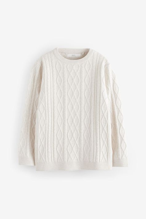 With a timeless design, this cosy knitted jumper is made from a warm fabric with an all-over cable knit design, finished with long sleeves, ribbed hems and a crewneck collar. 48% LENZING ECOVERO Viscose, 32% PBT, 15% Nylon, 5% Acrylic. White Knitted Jumper, Cosy Clothes, Autumn Jumpers, Cream Jumper, Wooly Jumper, Boy Jumper, Winter Jumpers, Bee Costume, White Jumper