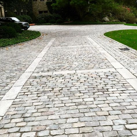 A Unique Cobblestone Driveway - Traditional - Landscape - New York - by Stone Farm | Houzz Cobbled Driveway, Cobblestone Patio, Cobblestone Paving, Driveway Entrance Landscaping, Landscape Ideas Front Yard Curb Appeal, Cobblestone Driveway, Brick Driveway, Outdoor Paving, Driveway Paving