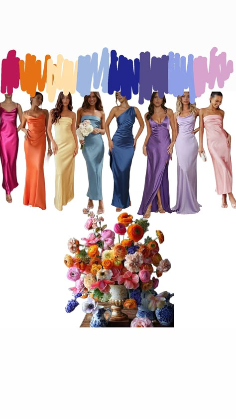 Spring Wedding Bridesmaids Dresses Different Colors, Wildflower Wedding Bridesmaid Dress, Bridesmaids Colorful Dresses, Bridesmaids Wear Whatever They Want, Wildflower Wedding Guest Dress, Bridesmaids Colour Palette, Bridesmaids All Different Colors, Satin Bridesmaid Dresses Multi Color, Cancun Wedding Color Palette