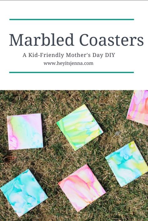 Marbled Coasters: A Kid-Friendly Mother's Day DIY • Hey, It's Jenna Mother’s Day Coaster Gift, Diy Mother’s Day Coasters, Mother’s Day Coaster Craft, Mothers Day Coasters Diy, Picture Coasters, Diy Mother's Day, Prek Classroom, Mothers Day Pictures, Coaster Crafts