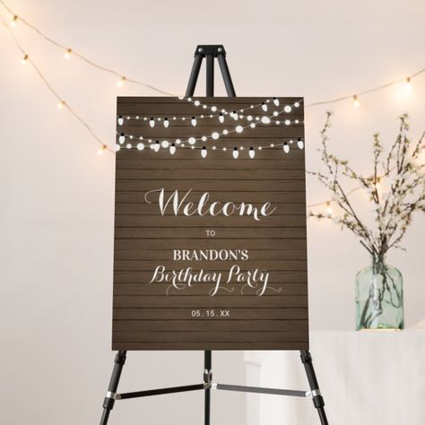 Rustic Wood & Lights Birthday Party Welcome Sign - Birthday Decoration Retirement Party Sign, Wedding Entrance Sign, Wood Wedding Signs Rustic, Wood Lights, Rustic Wood Background, Rustic Birthday, Party Welcome Sign, Wood Wedding Signs, Country Barn