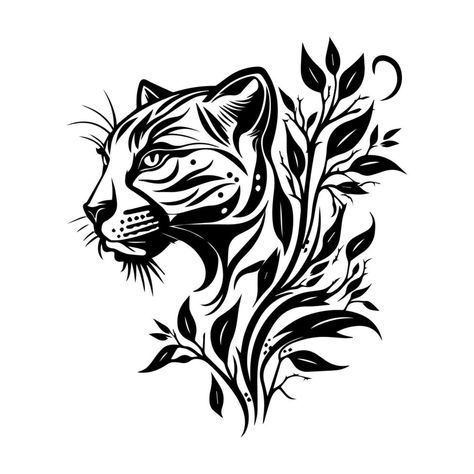 A fierce panther head in tribal tattoo style, depicted in black and white line art Hand drawn illustration Panther Drawing Tattoo, Black And White Panther Tattoo, Animal Black And White Drawing, Panther Head Tattoo, Panther Tattoo Design, Panther Illustration, Black Panther Design, Noir Tattoo, Chest Tattoo Stencils