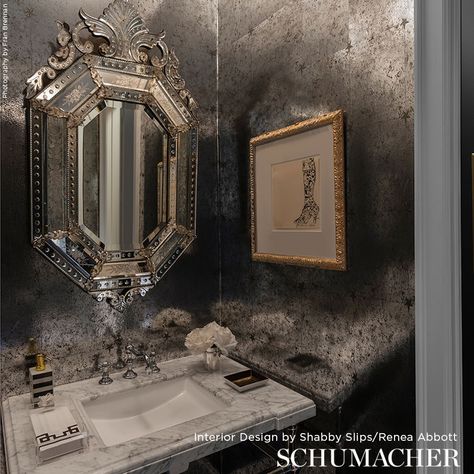 glass paneling wallpaper by Schumacher Glam Powder Room, Glass Paneling, Wallpaper Glass, Antique Mirror Tiles, Wallpaper Powder Room, Glamorous Bathroom, Schumacher Wallpaper, Look Wallpaper, Deco Bathroom