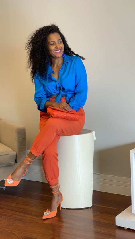 Blue Outfit Summer, Orange And Blue Outfit, Orange Shoes Outfit, Sweet Outfits, Colour Blocking Fashion, Preppy Women, Fashionable Work Outfit, 2piece Outfits, Orange Outfit