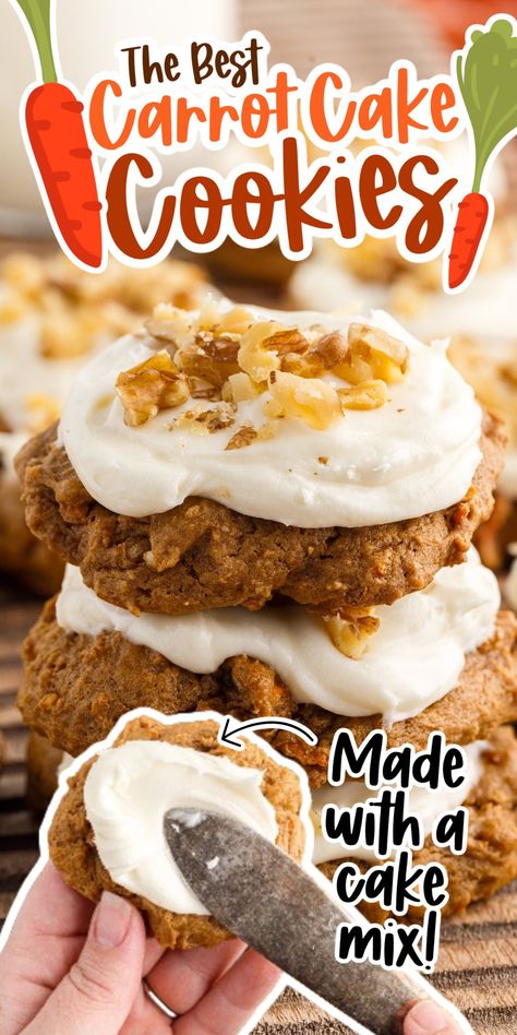 Making carrot cake cookies from cake mix is an easy Easter recipe that is ultra-soft, with a chewy texture, and smothered with a delicious cream cheese frosting, topped with chopped walnuts. Carrot Cake Cookies Recipe, Cookies With Cream Cheese Frosting, Cookies With Cream Cheese, Carrot Cookies, Easy Carrot Cake, Carrot Cake Cookies, Chewy Cookies, Best Carrot Cake, Recipes Cookies