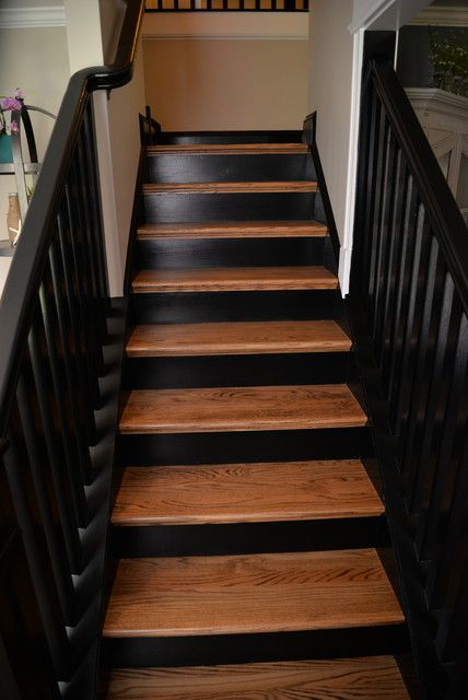 Black Treads White Risers, Dark Stair Risers, Black And Wood Steps, Stairs With Black Risers, Black Risers On Stairs, Black And Wood Staircase, Black Staircase With Runner, Finished Basement Stairs, Black And Wood Stairs