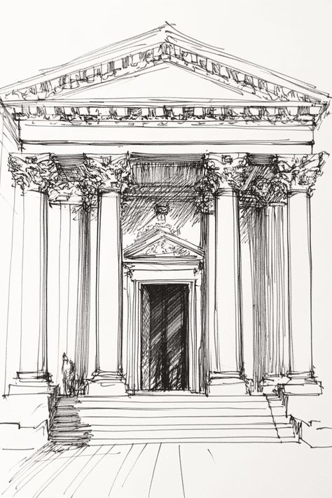 Drawing Ideas Architecture Easy, Arch Sketch Architectural Drawings, Roman Buildings Drawings, Roman Inspired Architecture, Greek Inspired Drawings, Architectural Building Sketches, Art Sketches Buildings, Art Buildings Drawings, Roman Architecture Sketch