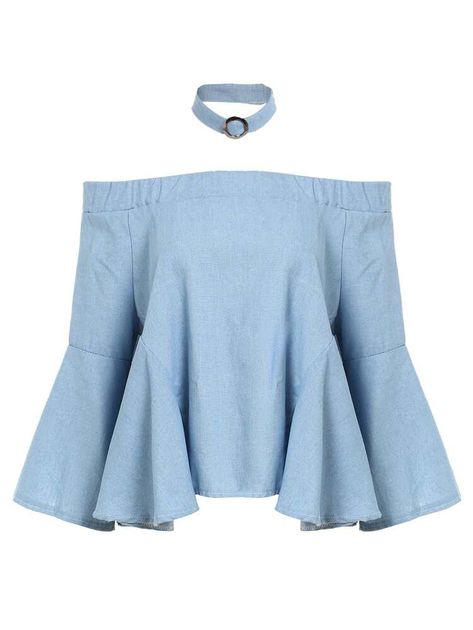 Free Returns ✓ Free Shipping On Orders $49+ ✓. Off-The-Shoulder Ruffle Top With Choker- Blouses at SHEIN. Off Shoulder Dress Long Sleeve, Off Shoulder Dress Long, Long Blouses, Ruffle Shirts Blouses, Ruffle Collar Shirt, Blue Ruffle Top, Blue Peplum Top, Frilly Top, Long Sleeve Peplum Top