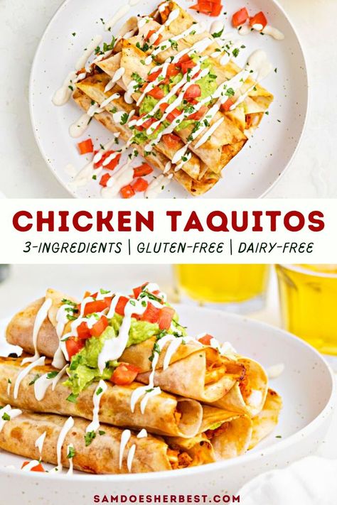 Easy Chicken Taquitos, Flavorful Shredded Chicken, Chicken Flautas Recipe, Dairy Free Mexican Recipes, Chicken Taquitos Baked, Flautas Recipe, Chicken Recipes Dairy Free, Chicken Flautas, Healthy Baked Chicken