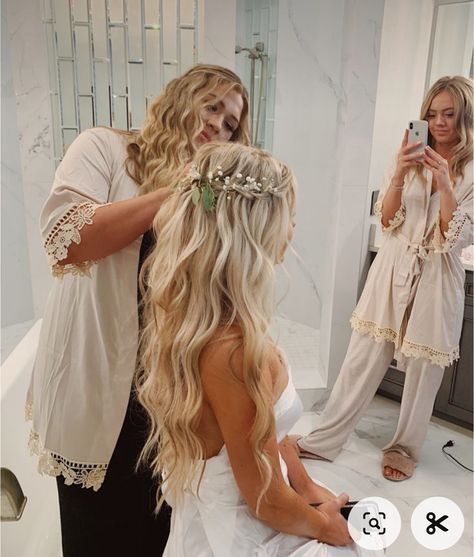 Pulled Back Wedding Hair Half Up, Crimped Hairstyles For Long Hair Wedding, Crimped Bridal Hair, Waterfall Braid With Veil, Crimped Bridesmaid Hair, Wavy Crimped Hair, Bridal Waterfall Braid, Fishtail Boho Wedding Hair, Bride Waterfall Braid