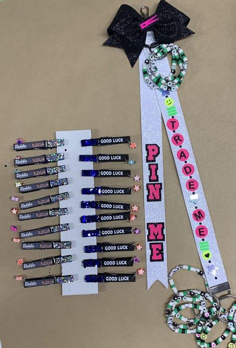 All About Cheer Pins | I’ve been digging neon lately and had to add some neon stars to my pins | Facebook Pin Me Cheer Ribbon Tutorial, Good Luck Cheer Clothes Pins, Cheer Pin Ideas, Cheer Clothespins Ideas, Cheer Clips, Cheer Good Luck Pins, Cheer Crafts, Cheer Clothes, Pep Squad