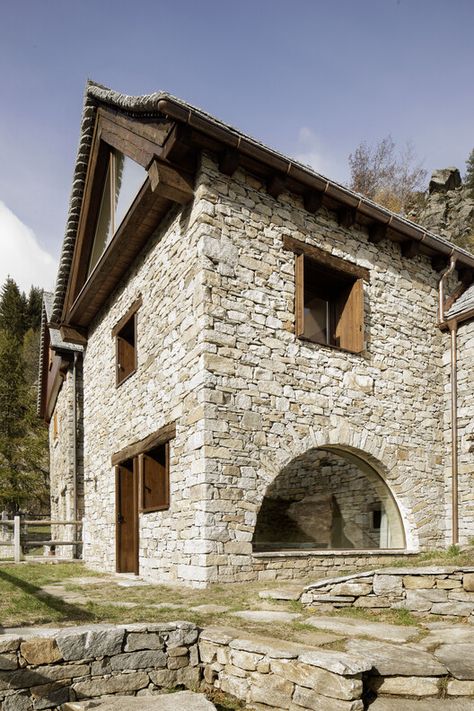 Gallery of House Cinsc / ATOMAA - 1 Narrow Staircase, Stone Building, Roof Beam, Old Stone Houses, Old Fireplace, Italian Alps, Stone Arch, Stone Siding, Cabinetry Design