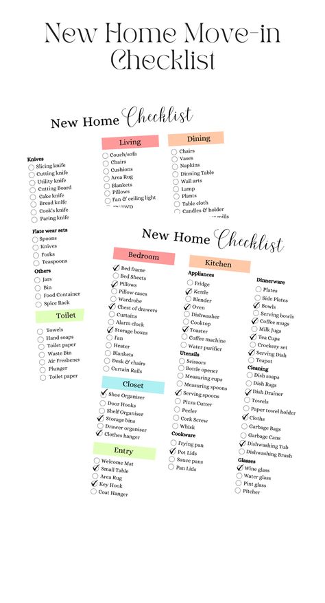 Do you find it difficult to keep in mind all you need for your new home? If so, our helpful printable New Home Checklist is ideal for keeping your House Move orderly and stress-free. This can also work as a a First Apartment checklist or a moving home checklist. Move In Checklist New Home, Home Essentials List, Moving Home Checklist, New House Checklist, Checklist First Apartment, Checklist New Home, Move In Checklist, First Home Checklist, Moving House Checklist