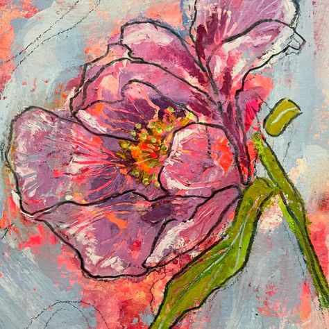 Rachel Bunteman | Flower of the day. One of my favorite techniques is to use oil pastel over acrylics and then scratch back into them. Here, I’m scratching... | Instagram Abstract Oil Pastel Art, Pastel Artwork Flower, Oil Pastel Aesthetic, Flower Oil Pastel, Oil Pastel Flowers, Pan Pastels Art, Chalk Pastel Art, Pan Pastels, Pastels Art