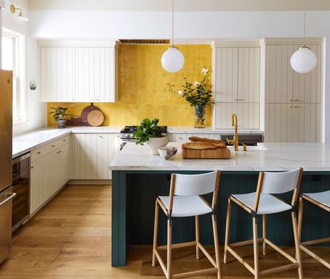 Modern classic farmhouse Unique Kitchen Backsplash, Cle Tile, Tile Trends, Zellige Tile, Yellow Kitchen, Yellow Walls, Kitchen Color, Unique Kitchen, White Cabinets