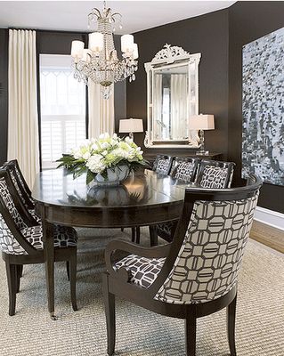 White Dinning Room, Chocolate Walls, Grey Dining Room, Dining Room Style, Beautiful Dining Rooms, Luxury Dining Room, Grey Dining, Elegant Dining Room, Dark Chocolate Brown