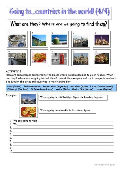 Going to...countries in the world 4. Plans for next holidays. - English ESL Worksheets for distance learning and physical classrooms Holiday Worksheets, Future Tense, Grammar Practice, Holidays Around The World, Countries In The World, Grammar Worksheets, Teaching Jobs, Esl Worksheets, Going On Holiday