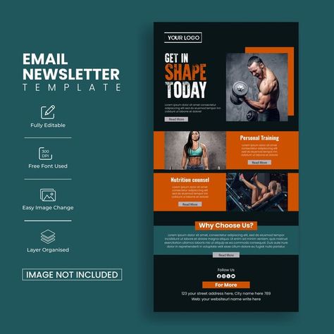 Gym and fitness email newsletter templat... | Premium Vector #Freepik #vector #training #running #fitness #sports Web Page Layout, Fitness Website, Newspaper Template, Email Newsletter Template, Email Newsletter Design, Training Running, Shape Templates, Newsletter Template, Email Template