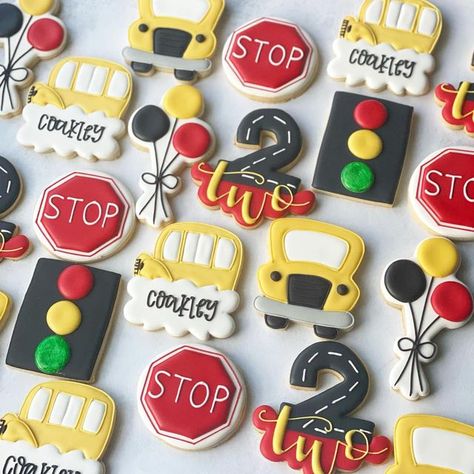 Nicki Rosati on Instagram: "The wheels on the bus… 🎶 #wheelsonthebuscookies #buscookies #louisvillebakery #louisvillecookies #louisvillebaker #louisvillefood" Bus Birthday Party Ideas, Bus Party Ideas Birthdays, Bus Cookies, School Bus Cupcakes, Wheels On The Bus Cookies, Wheels On The Bus Cupcakes, Transportation Cookies Birthday Parties, 2nd Birthday Bus Theme, Wheels On The Bus Birthday Party Cake