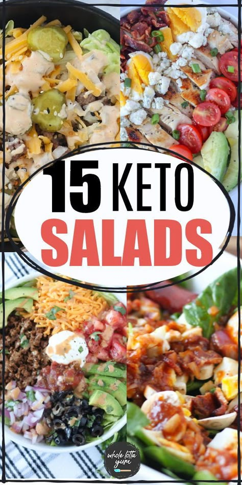 15 keto salad recipes that are great as a healthy lunch or dinner. You'll love these hearty keto salads like taco, cobb, broccoli, bic mac, and more! Ridiculously Big Salad, Healthy Chopped Salad Recipes Low Carb, Ridiculously Big Salad Recipes, Keto Dinner Salads, Big Salad Recipes Healthy, Eat Like A Bear Salad Recipes, Keto Salads Recipes For Dinner, No Carb Salad Recipes, Taco Salad Keto