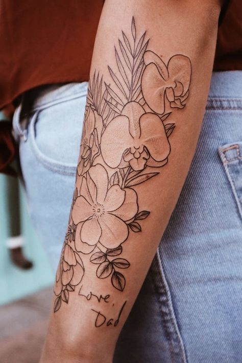 Flower Tattoos For Lost Loved Ones, Feminine Memorial Tattoos, Tattoo In Honor Of Mom, Tattoo Ideas For Passed Loved Ones, Tattoos For Loved Ones Who Passed, Floral Forearm Tattoo, Tattoos To Honor Mom, Delicate Feminine Tattoos, Sleeve Inspiration