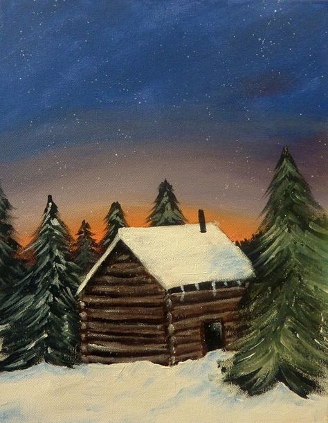 Cabin Drawing, Pink Drawing, Mini Toile, Christmas Window Painting, Art Painting Tools, Canvas Painting Designs, Night Painting, Winter Art, Window Painting