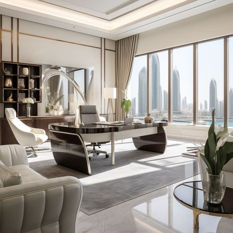 In Dubai’s high-rise, the manager’s office reflects contemporary luxury with its expansive views and minimalist furniture. Modern Ceo Office, Ceo Office Interior Design, Ceo Office Interior, Ceo Office Design Luxury Modern, Ceo Office Design Luxury, Office Interior Design Luxury, Modern Office Design Inspiration, Ceo Office Design, Interior Design Luxury Modern