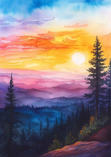 Discover a vibrant collection of 30 watercolor sunset painting ideas that will inspire your next masterpiece. From tranquil beach scenes to fiery skies, each idea is a burst of color and creativity. Perfect for artists of all levels, these watercolor sunsets are a great way to enhance your painting skills. Plus Free Watercolor Stencils! ! #WatercolorSunset #SunsetPainting #ArtInspiration #WatercolorIdeas #PaintingTutorial #ArtistsOfPinterest #SunsetArt Sunrise Watercolor Painting Sky, Abstract Watercolour Painting Ideas, Bright Watercolor Paintings, Sunset Painting Diy, Watercolor Sunset Easy, Sunset Watercolor Painting Easy, One Color Painting, Atmospheric Watercolor, Watercolor Sunsets