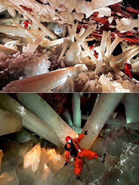 The Giant Crystal Cave of Mexico :  It's 50oC and has a humidity of 100%, less than a couple of hundred people have been inside and it's so deadly that even with respirators and suits of ice you can only survive for 20 minutes before your body starts to fail. It’s the nearest thing to visiting another planet – it’s going deep inside our own. Finding Crystals, Giant Crystal, Crystal Cave, The Cave, Minerals And Gemstones, Rocks And Gems, Environment Concept Art, Gems And Minerals, Stone Rocks