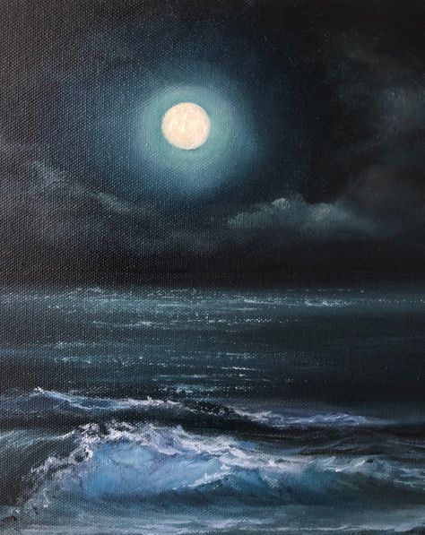 Sea And Sky Painting, Moon Ocean Painting, Canvas Painting Ideas For Home Decor, Simple Sea Painting, Nighttime Watercolor, Midnight Sky Painting, Blue Light Painting, Painting Ideas Sea, Calming Paintings