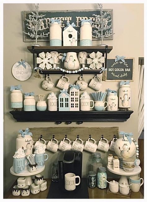 Rae Dunn Hutch Display, French Blue Kitchen, Snowmen Decor, Tea Room Decor, Winter Display, Farmhouse Coffee Bar, Hutch Decor, Winter Tea, Wire Shelf