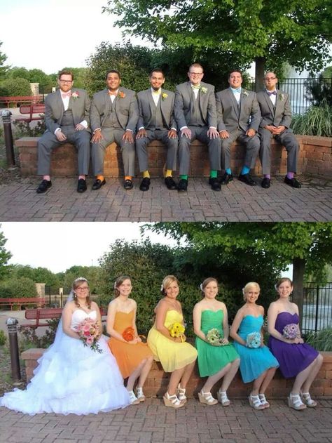 Rainbow wedding Rainbow Wedding Dresses, Rainbow Wedding Groomsmen, Rainbow Bridesmaids Dresses, Multi Color Groomsmen Attire, Rainbow Groomsmen, Multicolor Wedding Theme, Groomsmen Colorful, Rainbow Theme Wedding, Rainbow Wedding Decor