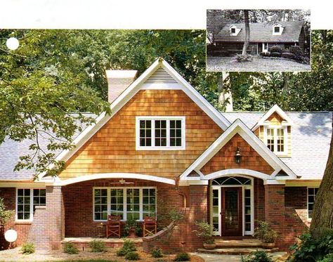 ranch house remodel before and after | Before and after brick ... Ranch House Remodel Before And After, Exterior Ranch Remodel, Exterior Remodel Before And After, Exterior Home Makeover, Exterior Home Renovation, Ranch House Remodel, Exterior House Renovation, Ranch House Exterior, Cedar Shake