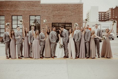 Champagne And Grey Wedding, Neutral Bridal Party, Gray Wedding Party, Grey Wedding Decor, Grey Tux, Mauve Tie, Mismatched Dresses, Champagne Wedding Colors, Gray Wedding Colors