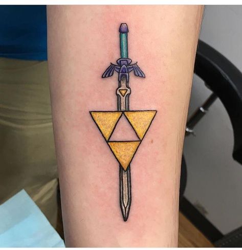 My master sword/triforce tattoo i got yesterday! : zelda Tri Force Tattoo, Triforce Tattoo, Blade Tattoo, Zelda Tattoo, Rainbow Tattoos, Gaming Tattoo, Traditional Tattoo Design, American Traditional Tattoo, Friend Tattoos