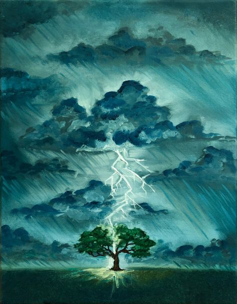 #aesthetic #painting #light #scenery #tree #art #green #blue #storm #oil #aesthetic #artist Rain Storm Drawing, Weather Drawings Art, Rain Storm Painting, Stormy Weather Drawing, Thunder Storm Drawing, Scenery Rain, Storm Drawing, Lightning Painting, Light Scenery