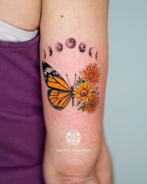 Half Butterfly Half Flower   Insta: @Orimerchan  #tattooartist #tattoolife #MiamiTatto #tattooinspo #butterflytattoos #colortattoo #flowertattoo #moonphasestattoo #monarchbutterfly #organgebutterfly #orange #sunflower Half Butterfly, Half Flower, Moon Phases Tattoo, Colorful Tattoos, Small Hand Tattoos, Orange Butterfly, Memorial Tattoos, Make An Appointment, Monarch Butterfly