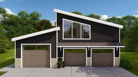 Garage-Living Plan 50588 - Contemporary, Modern Style Garage-Living Plan with 1207 Sq Ft, 1 Bed, 2 Bath, 3 Car Garage Modern Garage Apartment, Cottage Garage, Cabin Garage, Large Rv, Apartment Garage, Roof Rafters, Plan Garage, Overhead Garage Door, Garage Apartment Plans