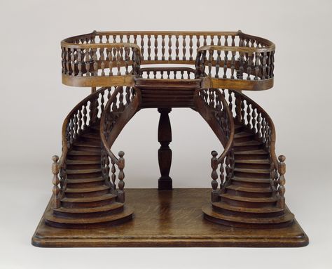 Double-revolution staircase model with curved double staircase with baluster railings, joining on a central landing, Staircase model, France, mid-late 19th century, carved, joined, turned, bent and planed oak, mid-late 19th century, Gift of Eugene V. and Clare E. Thaw, 2007-45-10 Cooper Hewitt Mini Staircase, Miniature Staircase, Double Staircase, Cooper Hewitt, Curved Staircase, Miniature Houses, Miniature Crafts, Spiral Staircase, Miniature Furniture