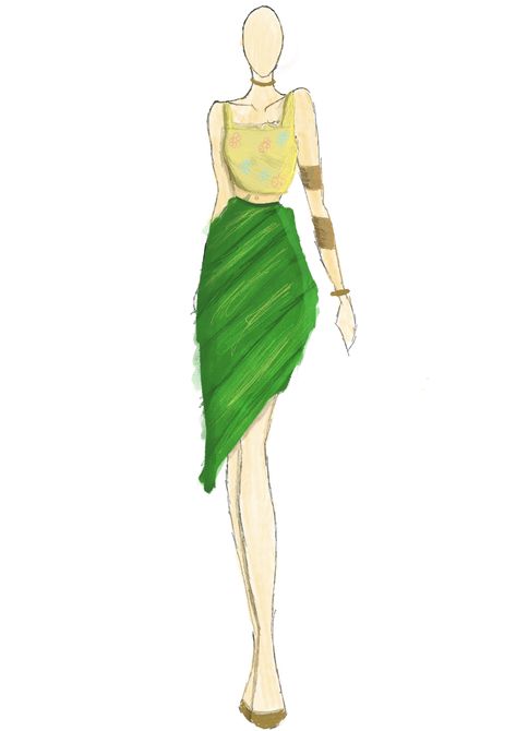 Dresscode Party, Aztec Outfit, Drawing Leaf, Aztec Clothing, Jungle Dress, Leaf Skirt, Clothing Sketches, Brown Crop Top, Dress Design Drawing