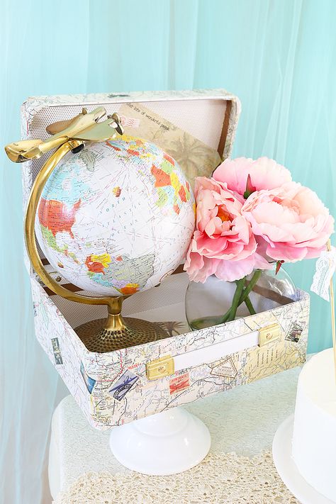 DIY Travel Suitcase Centerpiece Suitcase Centerpiece, Travel Centerpieces, Travel Theme Bridal Shower, Travel Bridal Showers, Travel Party Theme, Party Planning Ideas, Travel Theme Wedding, Diy Bridal, Travel Diy