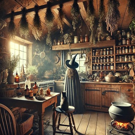 #witchcraft #kitchenwitch #magic #witches #witchaesthetic Halloween Coven Decorations, Cozy Witch Kitchen, Rustic Witch Aesthetic, White Witch Home Decor, Coven Witch Aesthetic, Green Witch Cottage, Moody Apothecary Aesthetic, Practical Magic Living Room, Witches Cottage Aesthetic